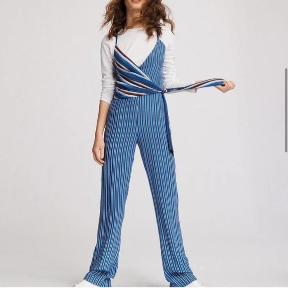 NEW Rag & Bone Felix Striped Blue Silk V Neck Jumpsuit $595 Size 0 - Picture 12 of 13